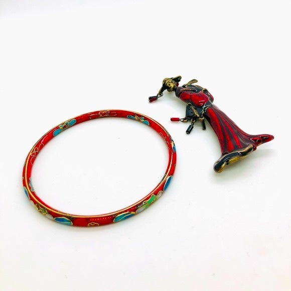 Vintage Red Asian Geisha Brooch & Bangle Bracelet - Picture 8 of 11